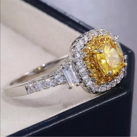 Huitan Jewelry - 925 Stamped Sterling Silver Citrine Yellow Diamond Ring